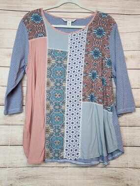 Coldwater Creek Women's Multicolor Floral Patchwork Print Bohemian Top Size 1X